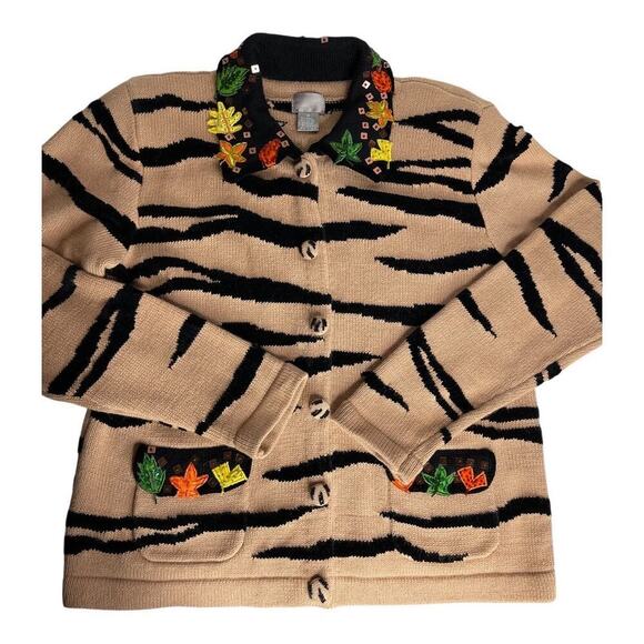 berek Sweaters - Berek Tiger Striped Embroidered Cardigan Knit Sweater size M Tan/Black Vintage
